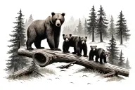 two parent bears and 3 cubs in forest add additional cub on right, on log, same size as last cub tattoo design idea
