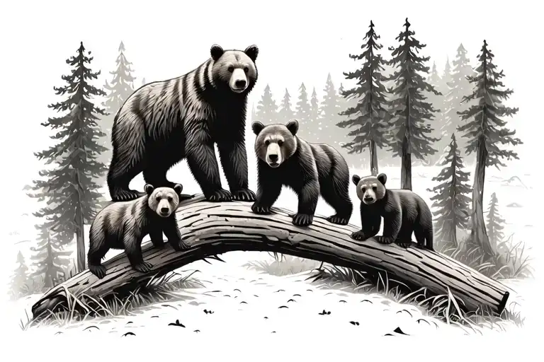 two parent bears and 3 cubs in forest add additional cub on right, on log, same size as last cub tattoo design idea