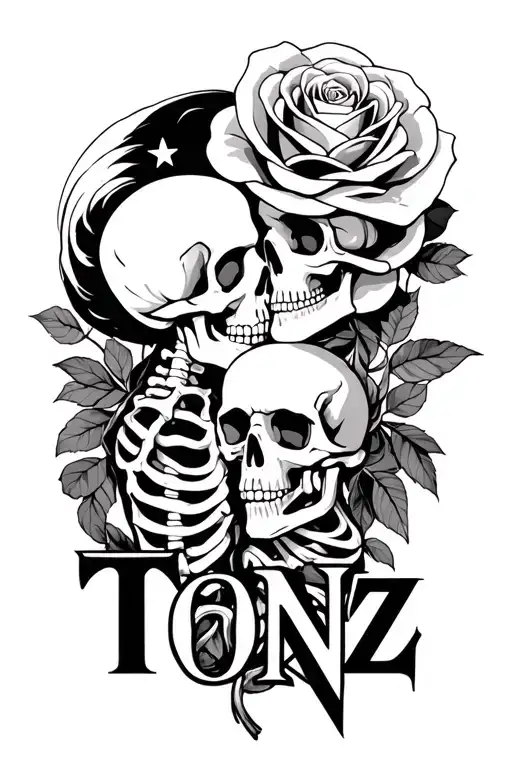 the word 'Tonz' 2 skeletons kissing and Star transforming into a rose tattoo design idea