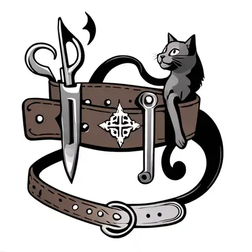 A carpenter's tool belt with medieval symbols intertwined, like a cat and a music note tattoo design idea