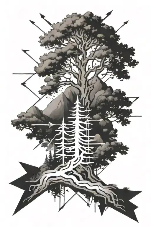 mountain tree arrow and 'remember' in morse code intertwined tattoo design idea
