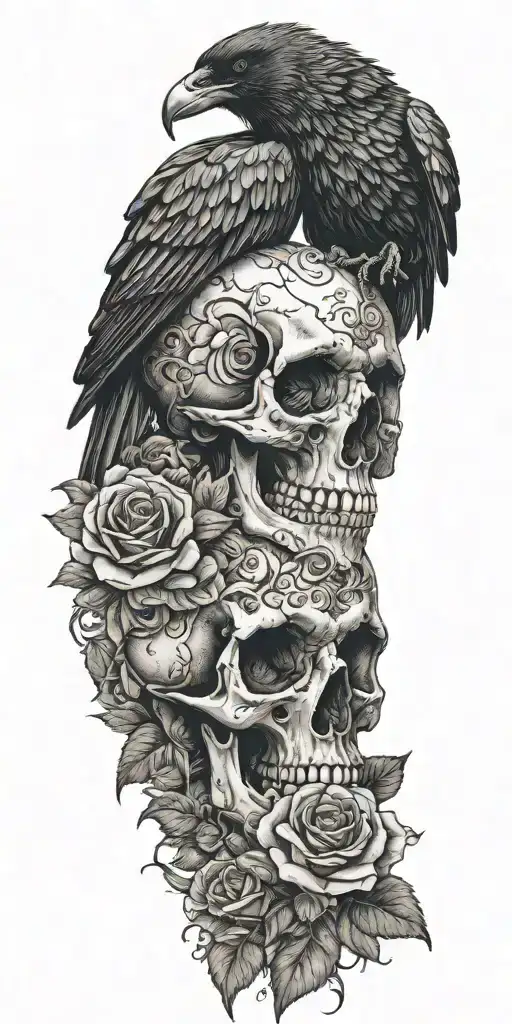 skull and roses with raven perched on top blue sky background  tattoo design idea