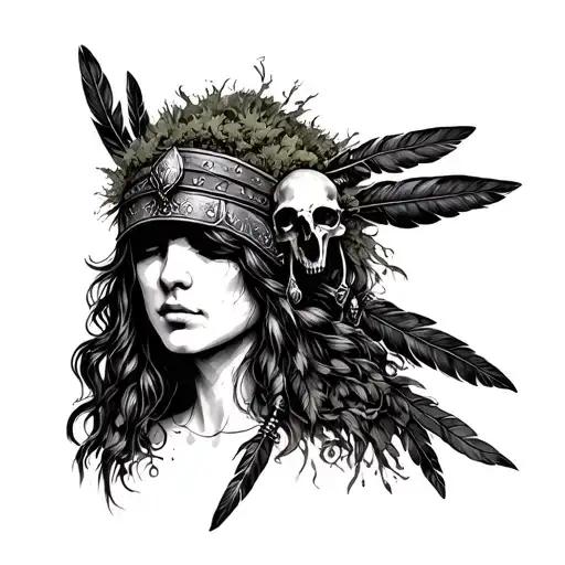 viking woman face with covered eyes and a headdress made of antlets moss crow feathers and crow skulls with trinkets tattoo design idea
