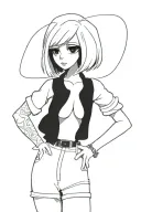 Sexy girl, Huge boobs, cleavage, petite, pure white eyes, torn clothing, short white bob hairstyle, waist up view  tattoo design idea