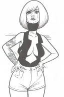 Sexy girl, Huge boobs, cleavage, petite, pure white eyes, torn clothing, short white bob hairstyle, waist up view  tattoo design idea