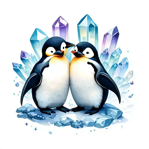 two penguins cuddling together . crystals and or rocks added . watercolour background.  tattoo design idea
