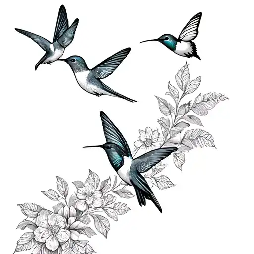 A dotwork pattern of hummingbirds and butterflies forming a seamless floral background tattoo design idea