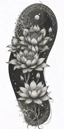 central lotus flower, celestial elements like stars and planets, sacred geometry, and serene landscapes such as mountain tattoo design idea