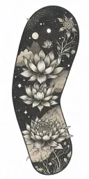 central lotus flower, celestial elements like stars and planets, sacred geometry, and serene landscapes such as mountain tattoo design idea