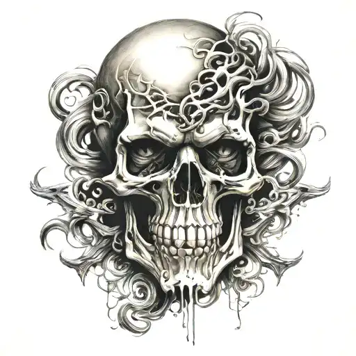 scary intimidating horrific skull with long wispy hair and smoke from eyes  tattoo design idea