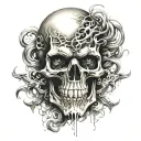 scary intimidating horrific skull with long wispy hair and smoke from eyes  tattoo design idea
