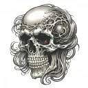 scary intimidating horrific skull with long wispy hair and smoke from eyes  tattoo design idea