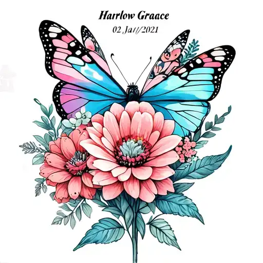 Add the name and date Harlow Grace Black, 02/01/2021, and the flower for January with butterflies and a fairy tattoo design idea