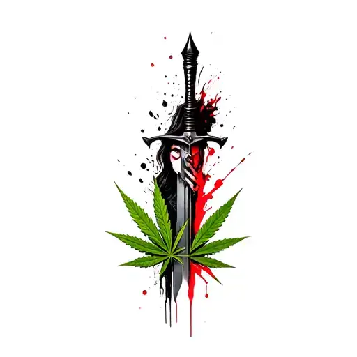 composition, a woman's face coming out of a dagger,a marijuana leaves in the background tattoo design idea