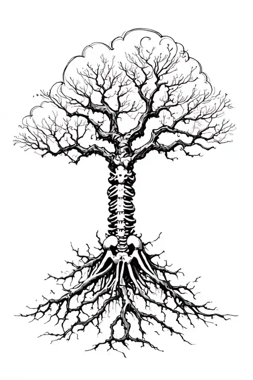 tree growing out of skeleton tattoo design idea