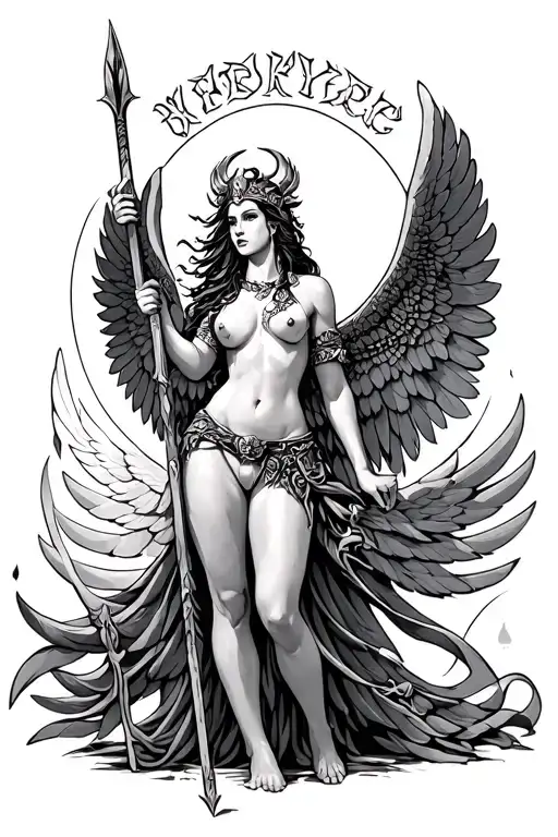 Valkyrie nude wings spread holding a spear asian tattoo design idea
