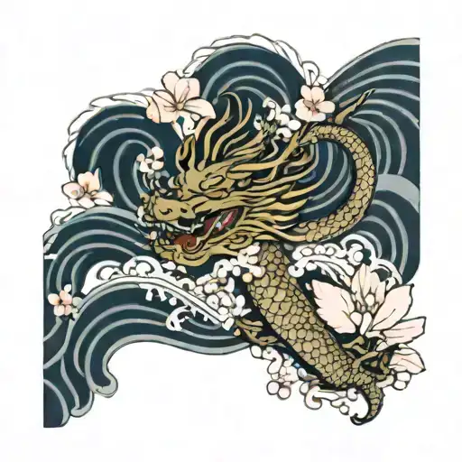 Japanese full back dragon, cherry blossom, wave, maple leaf tattoo design idea