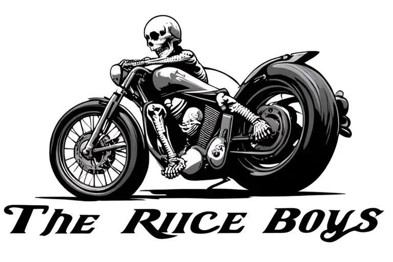 skeleton riding sport/track motorcycle from front right angle with the words "The Rice Boys" below it tattoo design idea