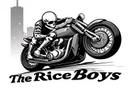 skeleton riding sport/track motorcycle from front right angle with the words "The Rice Boys" below it tattoo design idea