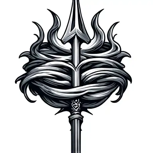 a trident with a arm band of Greek waves flowing tattoo design idea