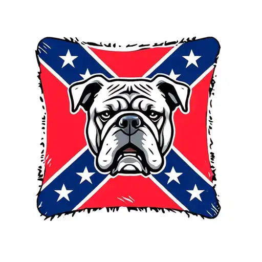 small  square red and blue confederate flag with bulldog head in center with border with american flag around it tattoo design idea