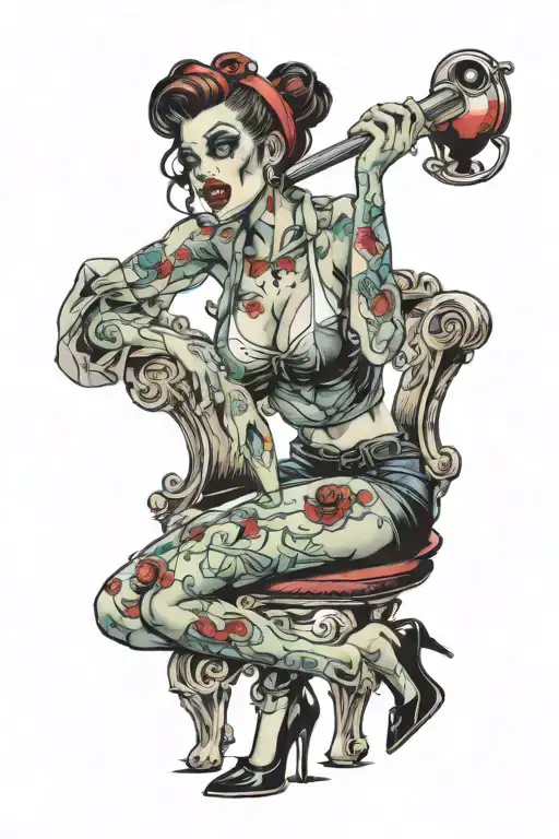 zombie pin up girl sitting tattoo design idea