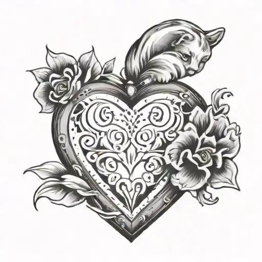 Tattoo design, which is a heart-shaped locket and inside is the image of a cat's paw print tattoo design idea