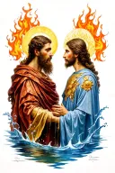 st. Theodor and Pistis look at each other. Between them are the symbols of the element of fire and the element of water tattoo design idea