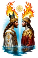 st. Theodor and Pistis look at each other. Between them are the symbols of the element of fire and the element of water tattoo design idea