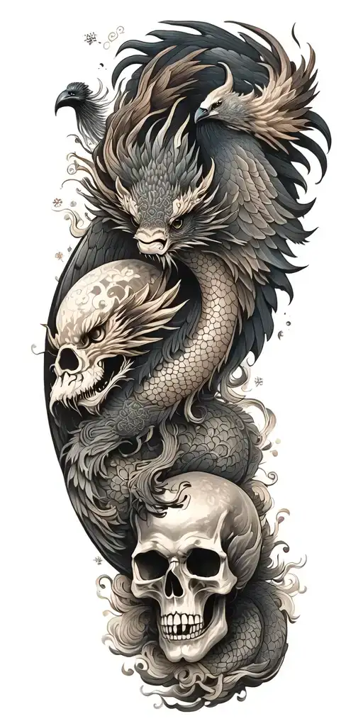 Chinese dragon and phoenix and skull and moon and raven tattoo design idea