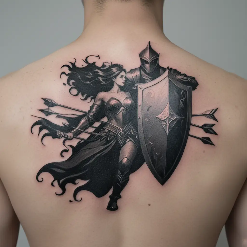 The knight with shield protecting lady from arrows  tattoo design idea