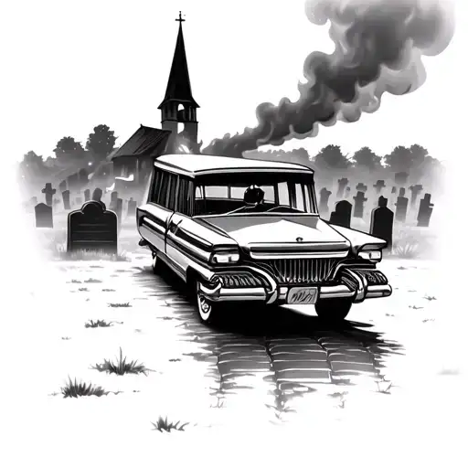 hearse in foreground of graveyard with burning church in background tattoo design idea