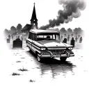 hearse in foreground of graveyard with burning church in background tattoo design idea