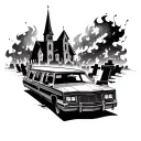 hearse in foreground of graveyard with burning church in background tattoo design idea