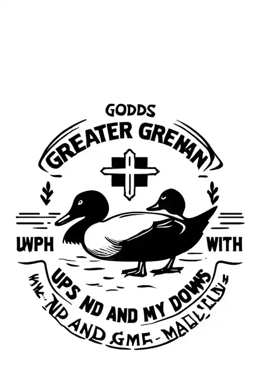 gods greater than my ups and downs with cross and mallard duck  tattoo design idea