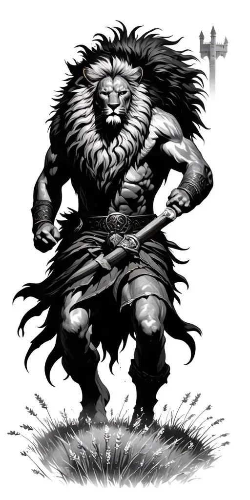 Viking berserker charging through a field of Heather wearing a lion skin, with a background of a sacked Scottish castle  tattoo design idea