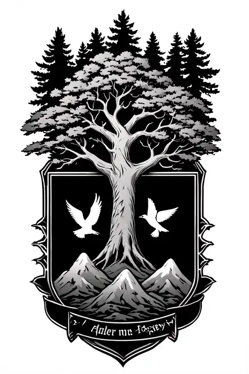 a large gothic tree with a family crest and motto at the bottom with filler of mountains and birds tattoo design idea