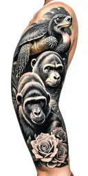 sleeve tattoo featuring a turtle, bear, monkey, gorilla, and flamingo connected with roses tattoo design idea