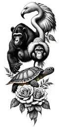 sleeve tattoo featuring a turtle, bear, monkey, gorilla, and flamingo connected with roses tattoo design idea