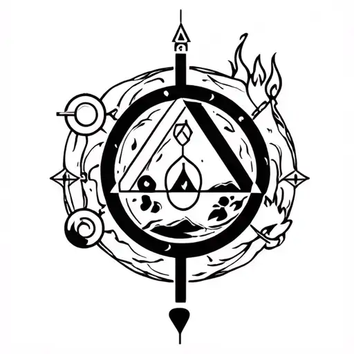Alchemical symbols Philosopher's Stone (circle, triangle, square, circle). With fire, water, earth, air. Minimalistic tattoo design idea