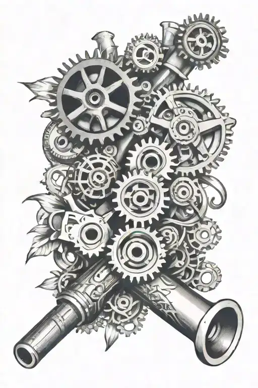 gears, wrenches , pistons, engine parts, lilies tattoo design idea