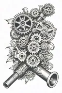 gears, wrenches , pistons, engine parts, lilies tattoo design idea