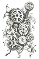 gears, wrenches , pistons, engine parts, lilies tattoo design idea