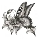 half of butterfly and half flowers iris,violette and poinsettia tattoo design idea