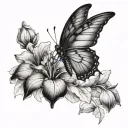 half of butterfly and half flowers iris,violette and poinsettia tattoo design idea
