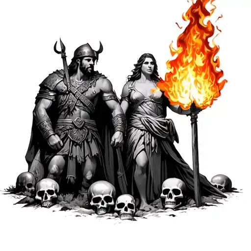 Prometheus holding fire next to a Viking warrior man and Swedish woman with skulls on the ground  tattoo design idea