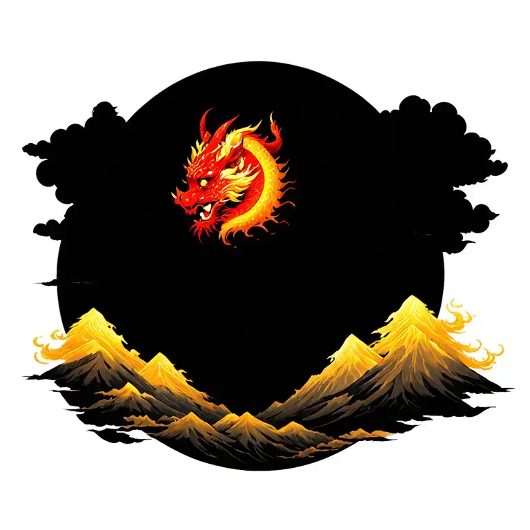 Realistic style tattoos on the back, layered mountains (brown and yellow tones), fire qilin (cinnabar red scales, golden eyes), the main peak of the mountain covers the Mingmen point, the head of the qilin faces the Dazhui point, auspicious cloud patterns (round golden clouds), the overall direction of the dragon tattoo design idea