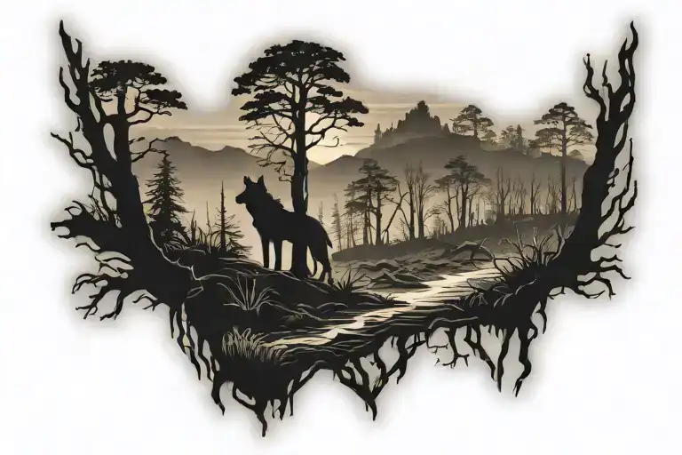 dead forest with shadow of a wolf silhouette tattoo design idea