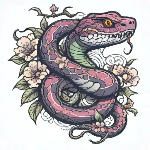 snake and cherry blossom flowers tattoo design idea