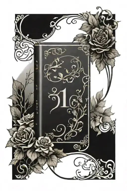 Closed Fairy Tale Book with number 13 on cover surrounded by vines and flowers growing, gothic tattoo design idea